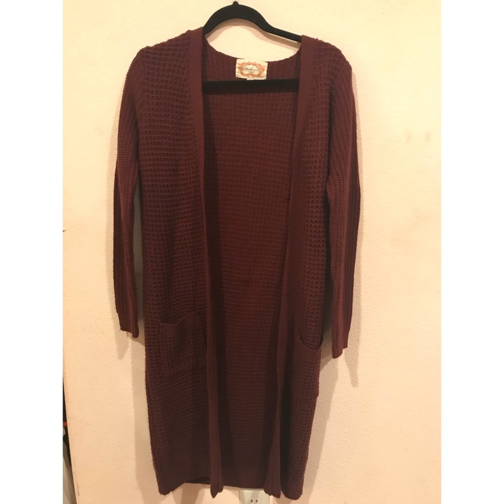 Burgundy Long Knit Cardigan Sweater